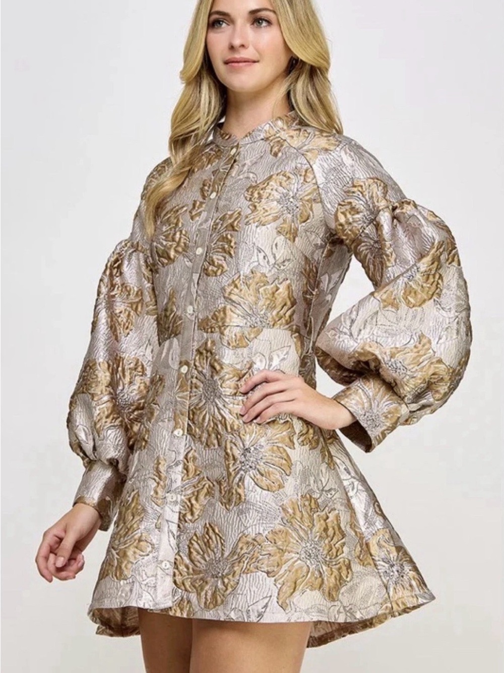Ellison Metallic Floral Jacquard Belted Mini Dress Gold Blush Size L